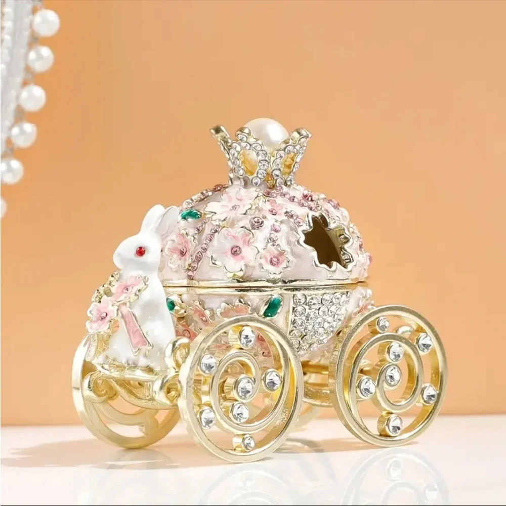 Easter Bunny Carriage Trinket Box Gold White Pink Floral Crystal Keepsake NWT